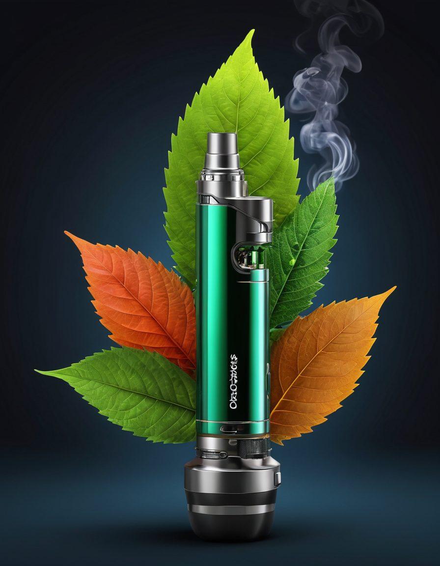 A sleek, modern smoking device with advanced technology, surrounded by various innovative alternatives such as herbal vaporizers and flavored smoking products. Incorporate elements of nature, like green leaves and herbs, to emphasize alternatives to traditional tobacco. The background should be a vibrant blend of colors representing creativity and innovation. Highlight a sense of transformation in smoking culture. super-realistic. vibrant colors. 3D.