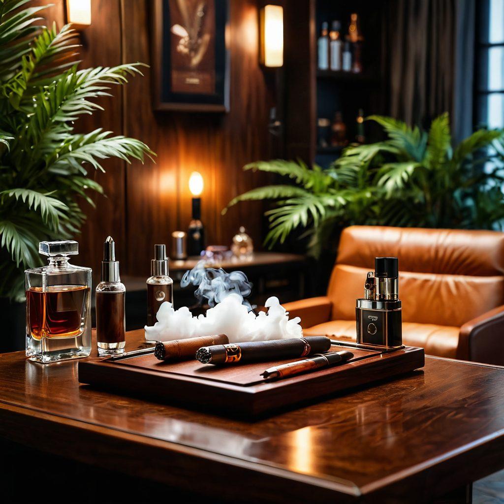 A luxurious smoking lounge setting featuring modern nicotine products and elegant smoking accessories, adorned with rich textures and ambient lighting. Showcase a variety of stylish vape pens, carefully arranged cigars, and upscale lighters on a polished wooden table. Include a background of soft, plush seating and leafy indoor plants for a tranquil vibe. Super-realistic. Warm colors. Elegant interior.