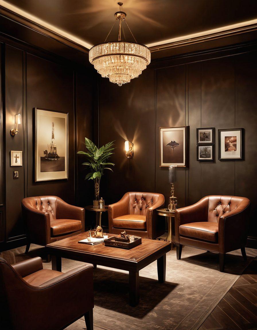 A luxurious smoking lounge featuring an elegant wooden table adorned with a variety of premium cigarette packs and stylish smoking alternatives. Soft ambient lighting casts a warm glow, enhancing the rich textures of tobacco leaves and the glossy finishes of the packaging. Show a sophisticated individual savoring the aroma, exuding luxury and relaxation. In the background, plush leather chairs and vintage decor create an inviting atmosphere. super-realistic. warm tones. elegant design.